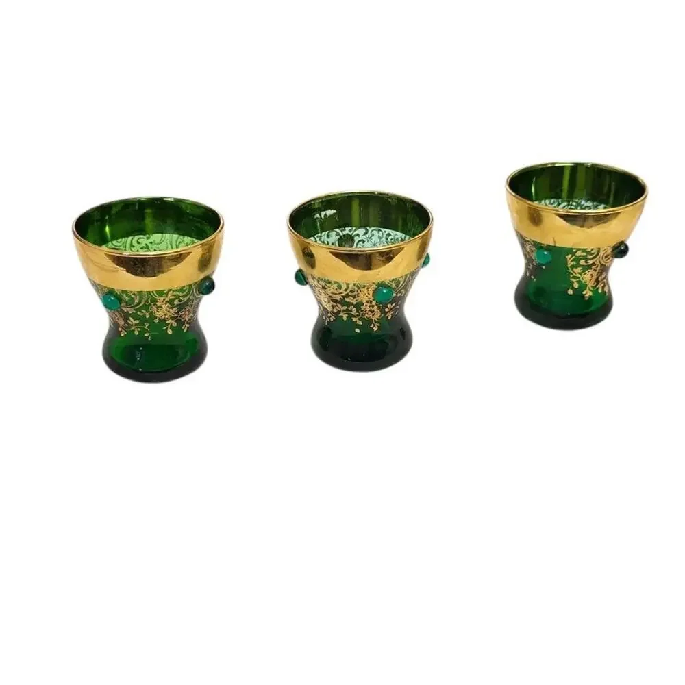 Vintage Green Czech Bohemian Glass Set Hand Painted Gold Trim Floral Shot Glass